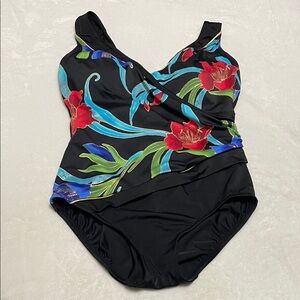 Inches Away Floral Black One Piece Swimsuit Sz 10